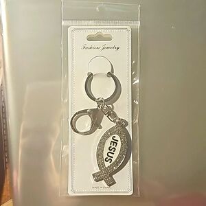 Jesus Fish Rhinestone Keychain 4" Silver Crystal NWT